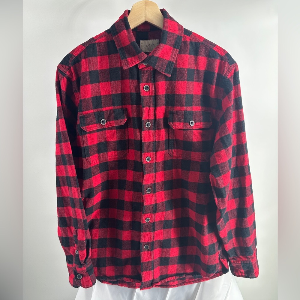 Jachs lumberjack red and black plaid cotton button up shirt